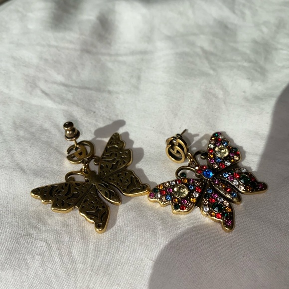 Gucci Retro Large Multicolor Crystal Butterfly Earrings, 925 Plated Gold, - Picture 3 of 5
